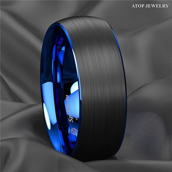 Men's Wedding Band Rings - Dome Brushed Blue Black - Wedding Rings - Picture 3 of 9